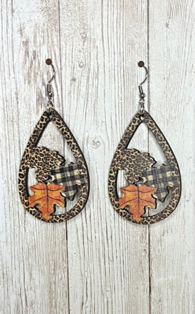 Wooden Leaf Leopard Print Earrings